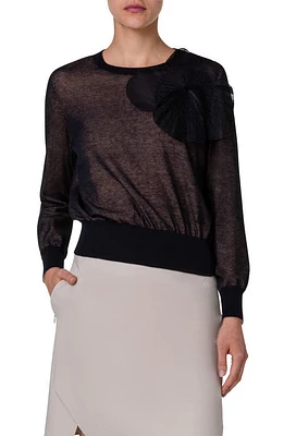 Akris Poppy Appliqué Cotton Blend Crewneck Sweater Black at Nordstrom,