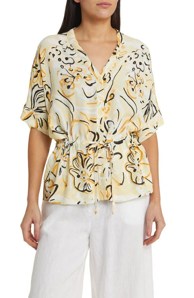 Masai Copenhagen Irekana Floral Print Drawstring Waist Blouse Straw at Nordstrom,