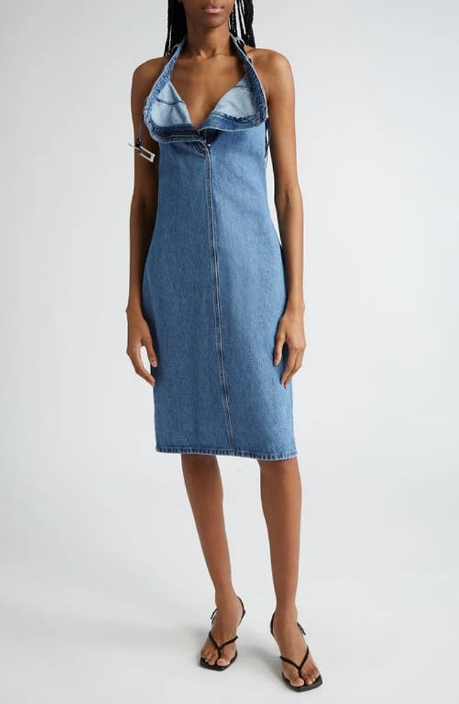 Coperni Belted Halter Denim Dress Washed Blue at Nordstrom, Us