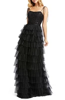 Ieena for Mac Duggal Sequin Bustier Tier Tulle Gown Black at Nordstrom,