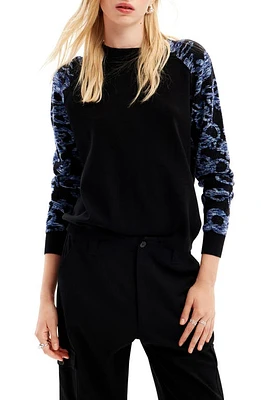 Desigual Floral Sleeve Crewneck Sweater Black at Nordstrom,