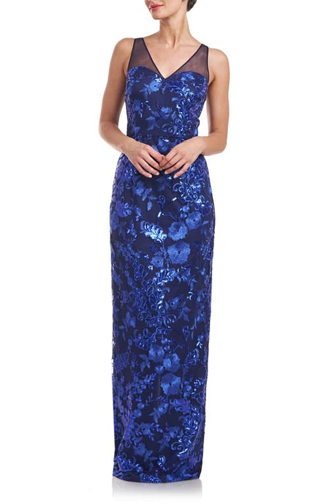 JS Collections Baylor Embroidered Sequin Sleeveless Gown Navy/Royal Blue at Nordstrom,