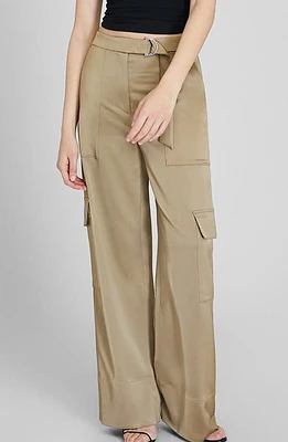 Club Monaco Belted Wide Leg Satin Cargo Pants Oak/Chene at Nordstrom,