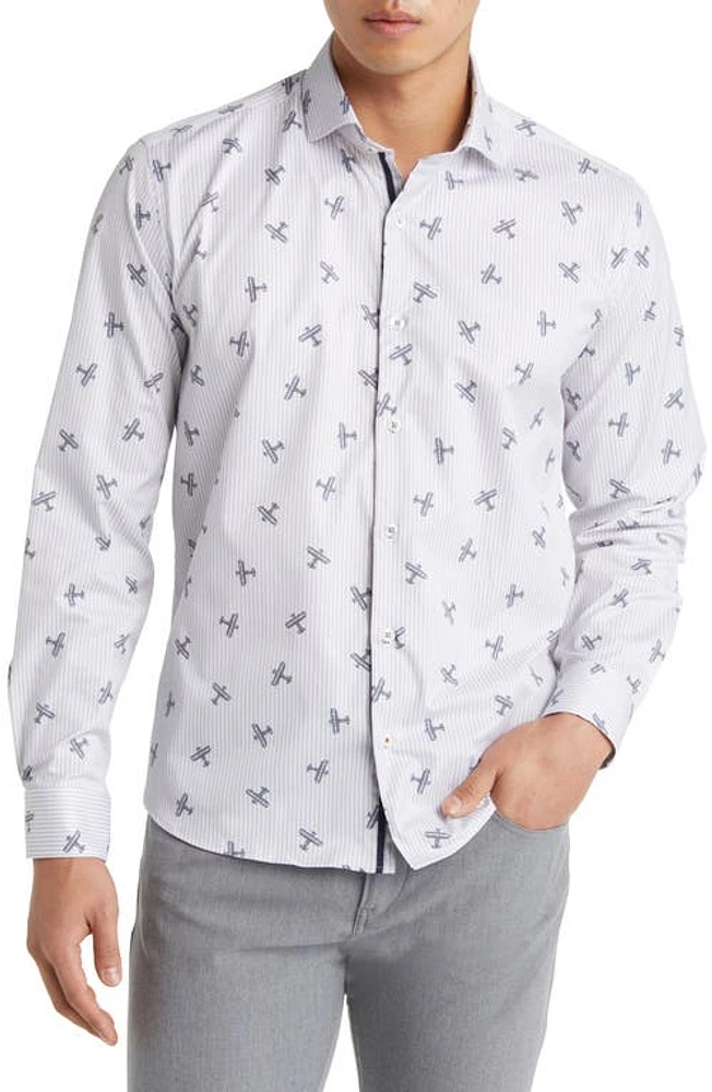 Stone Rose DRY TOUCH Stripe Plane Print Performance Sateen Button-Up Shirt Grey at Nordstrom,