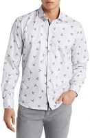 Stone Rose DRY TOUCH Stripe Plane Print Performance Sateen Button-Up Shirt Grey at Nordstrom,