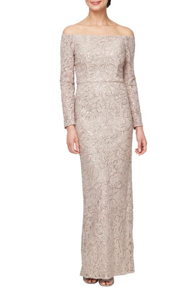 Alex Evenings Floral Embroidered Sequin Off the Shoulder Long Sleeve Gown Buff at Nordstrom,