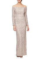 Alex Evenings Floral Embroidered Sequin Off the Shoulder Long Sleeve Gown Buff at Nordstrom,