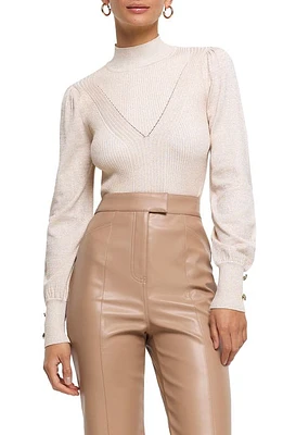 River Island Balloon Sleeve Metallic Rib Sweater in Rose at Nordstrom, Size 6