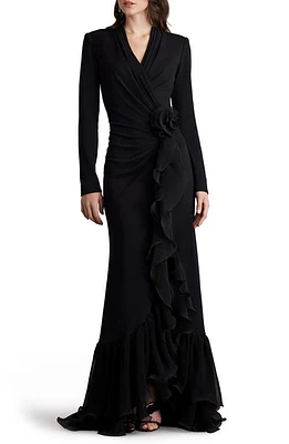 Tadashi Shoji Side Ruffle Long Sleeve High-Low Gown Black at Nordstrom,