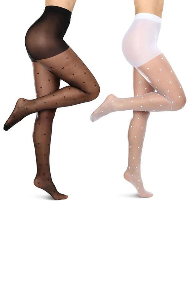 MeMoi Mini Heart Assorted 2-Pack Sheer Tights Black-White at Nordstrom,