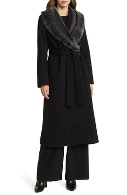 Fleurette Rory Genuine Shearling Collar Belted Wool Coat Black W/Brisa at Nordstrom,