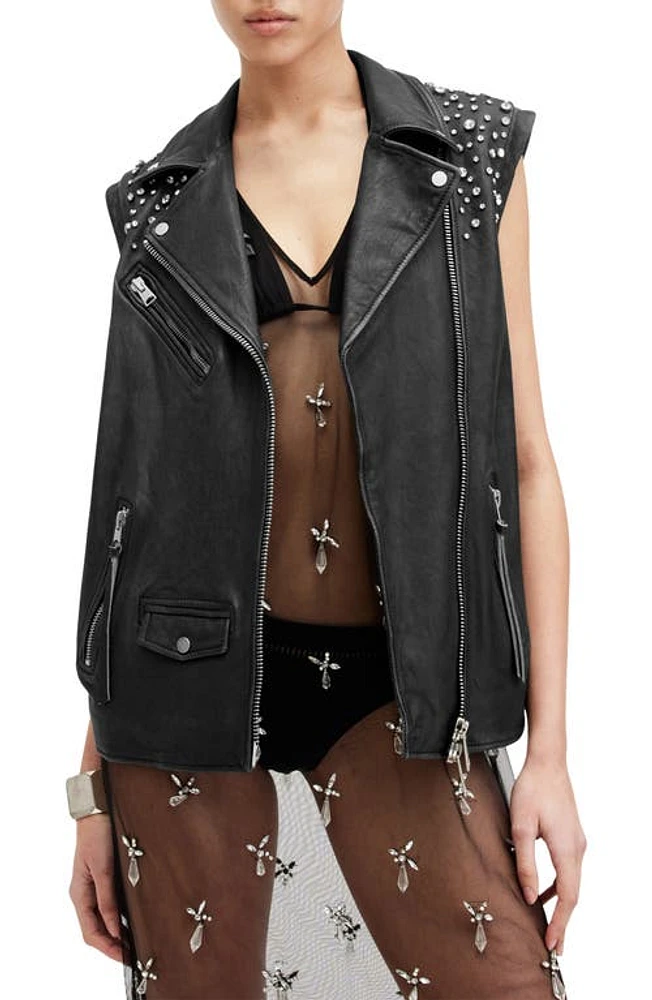 AllSaints Billie Embellished Leather Vest Black/Grey at Nordstrom,