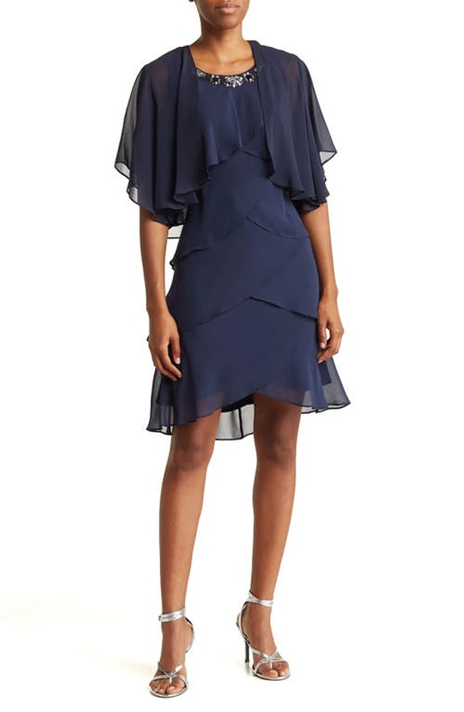 SL FASHIONS Chiffon Tier Jacket & Dress Set Nav at Nordstrom,