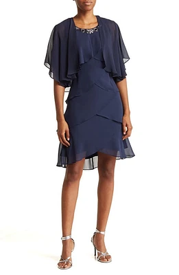 SL FASHIONS Chiffon Tier Jacket & Dress Set Nav at Nordstrom,