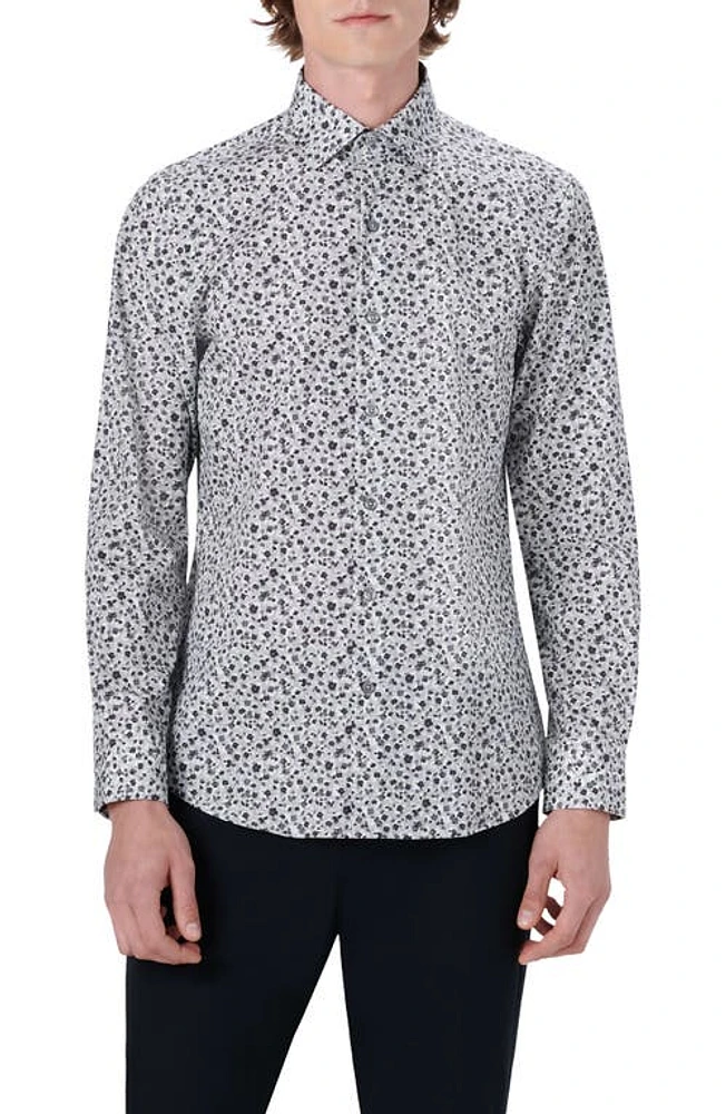 Bugatchi Shaped Fit Floral Print Stretch Cotton Button-Up Shirt in Platinum at Nordstrom, Size Xxx-Large