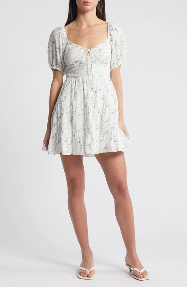 All Favor Floral Cotton Minidress White Blue at Nordstrom,