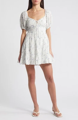 All Favor Floral Cotton Minidress White Blue at Nordstrom,