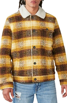 Lucky Brand Plaid Faux Shearling Lined Trucker Jacket in Yellow Plaid at Nordstrom, Size Medium