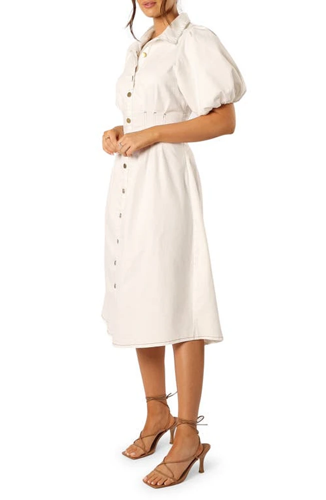 Petal & Pup Sollie Puff Sleeve Stretch Denim Shirtdress in White at Nordstrom, Size Small