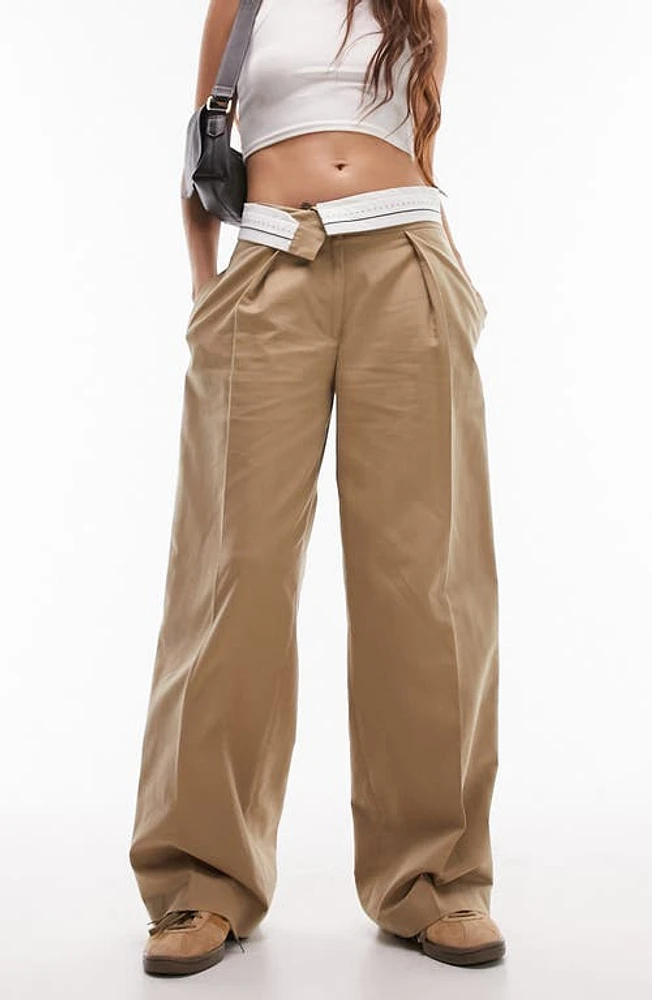 Topshop Pleated Foldover Waist Wide Leg Trousers Camel at Nordstrom, Us