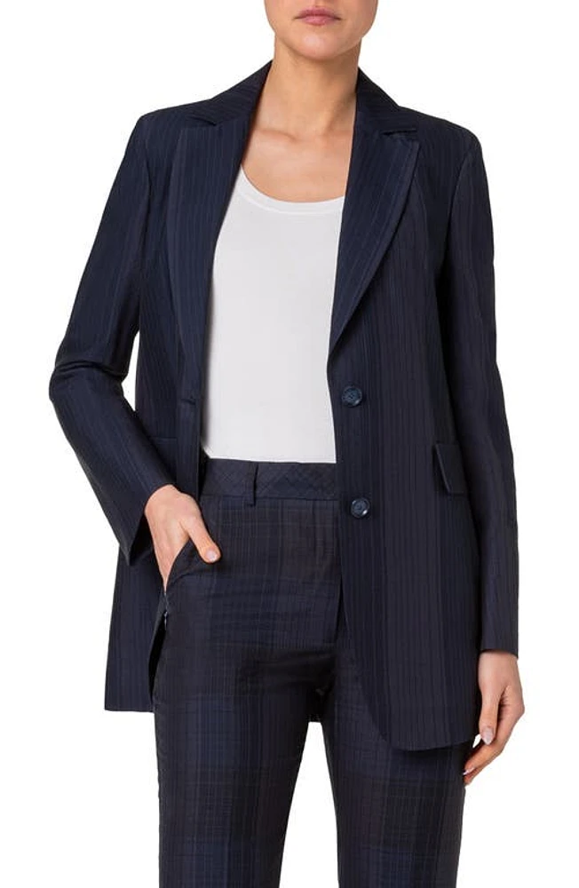 Akris Alvina Black Watch Tartan Cotton & Silk Seersucker Jacket Navy at Nordstrom,