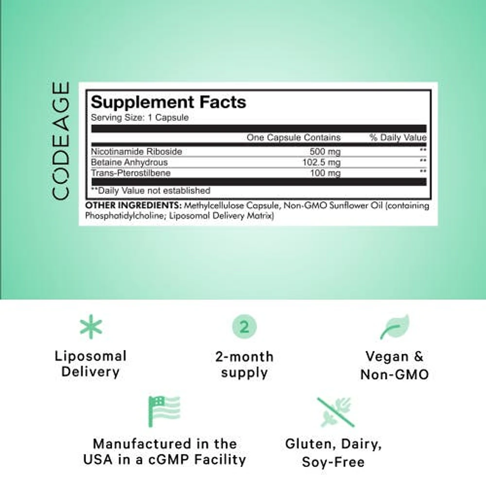 Codeage Liposomal Nicotinamide Riboside Supplement 500mg NR+, Betaine Anhydrous Pterostilbene, 60 ct in White at Nordstrom