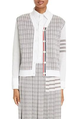 Thom Browne Small Check V-Neck Silk & Cotton Cardigan Light Grey at Nordstrom, Us