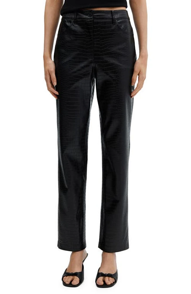 MANGO Croc Embossed Faux Leather Straight Leg Pants Black at Nordstrom,