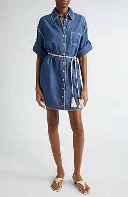 Zimmermann Blanket Stitch Denim Mini Shirtdress Railway Blue at Nordstrom,