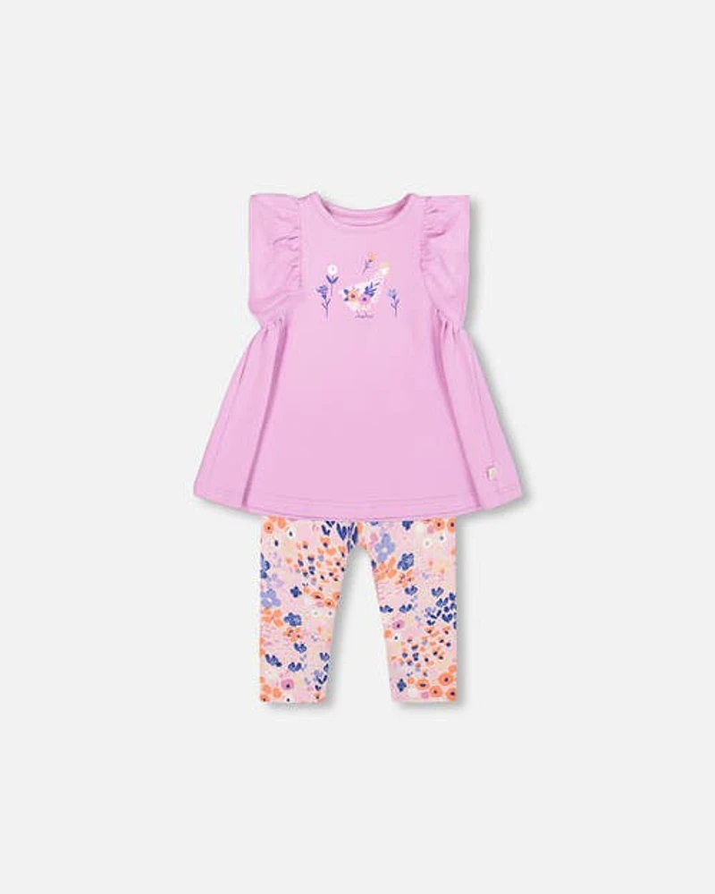 Deux Par Deux Baby Girl's Organic Cotton Long Top And Capri Legging Set Lavender in Lavender Fields Flowers at Nordstrom