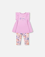 Deux Par Deux Baby Girl's Organic Cotton Long Top And Capri Legging Set Lavender in Lavender Fields Flowers at Nordstrom