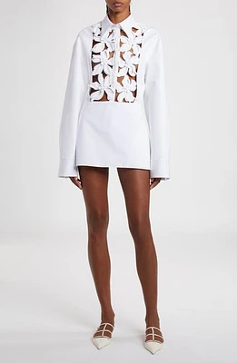 Valentino Garavani Floral Appliqué Long Sleeve Cotton Poplin Mini Shirtdress Bianco at Nordstrom, Us