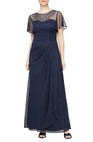 Alex Evenings Beaded Illusion Neck Flutter Sleeve A-Line Gown in Dark Navy at Nordstrom, Size 10