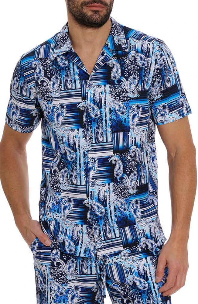 Robert Graham Makua Paisley Stripe Stretch Camp Shirt Navy at Nordstrom,