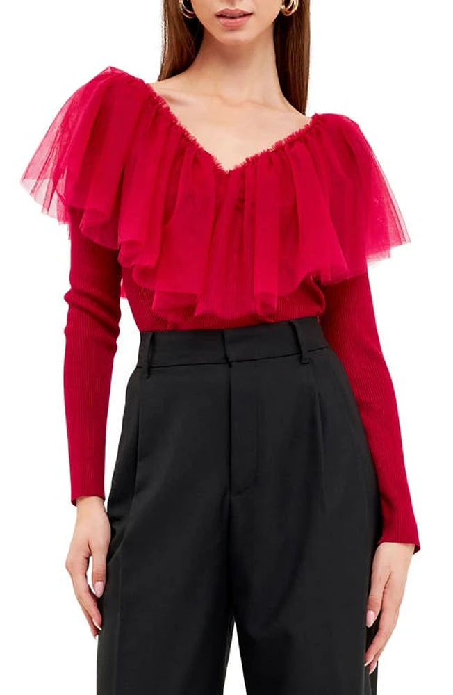 Endless Rose Pleated Ruffle Mesh Mixed Media Top at Nordstrom,