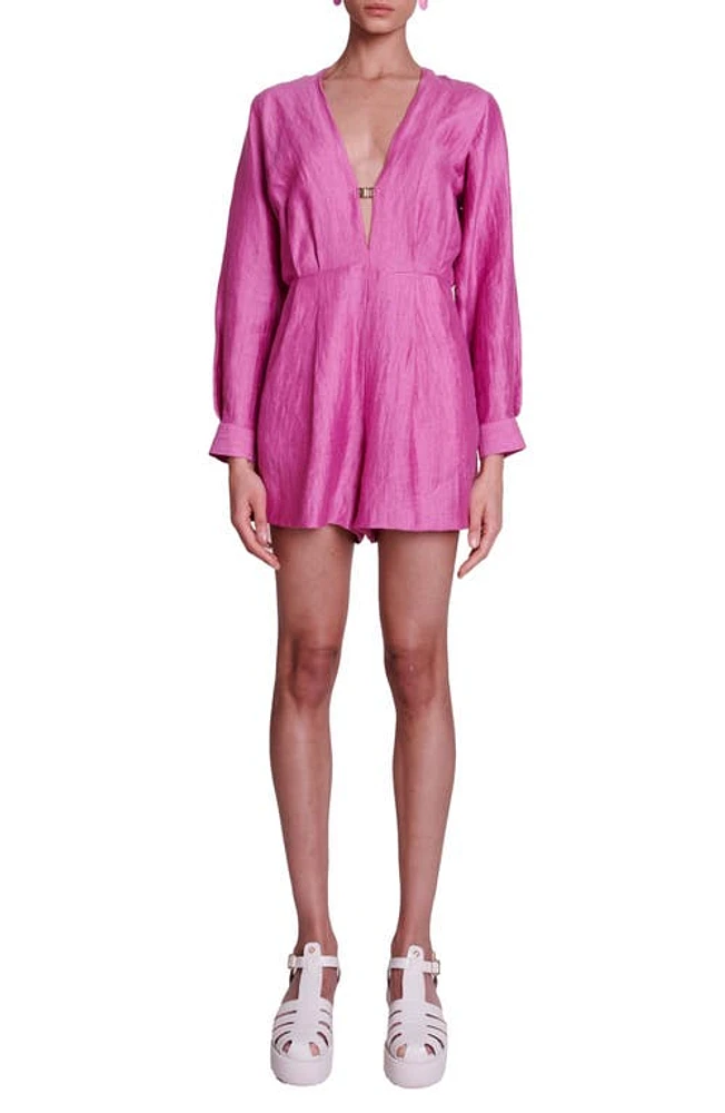 maje Iroly Linen Blend Long Sleeve Romper Pink at Nordstrom,