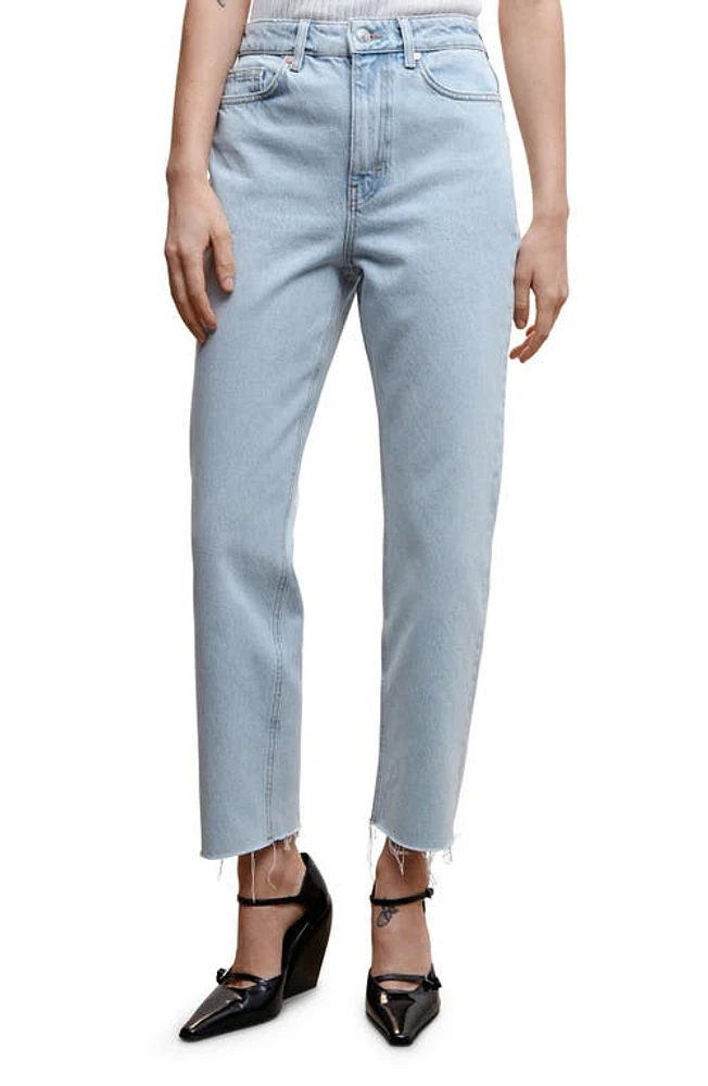 MANGO Raw Hem High Waist Straight Leg Jeans Open Blue at Nordstrom,