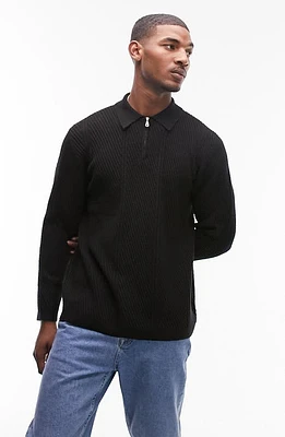 Topman Textured Zip Polo Sweater Black at Nordstrom,