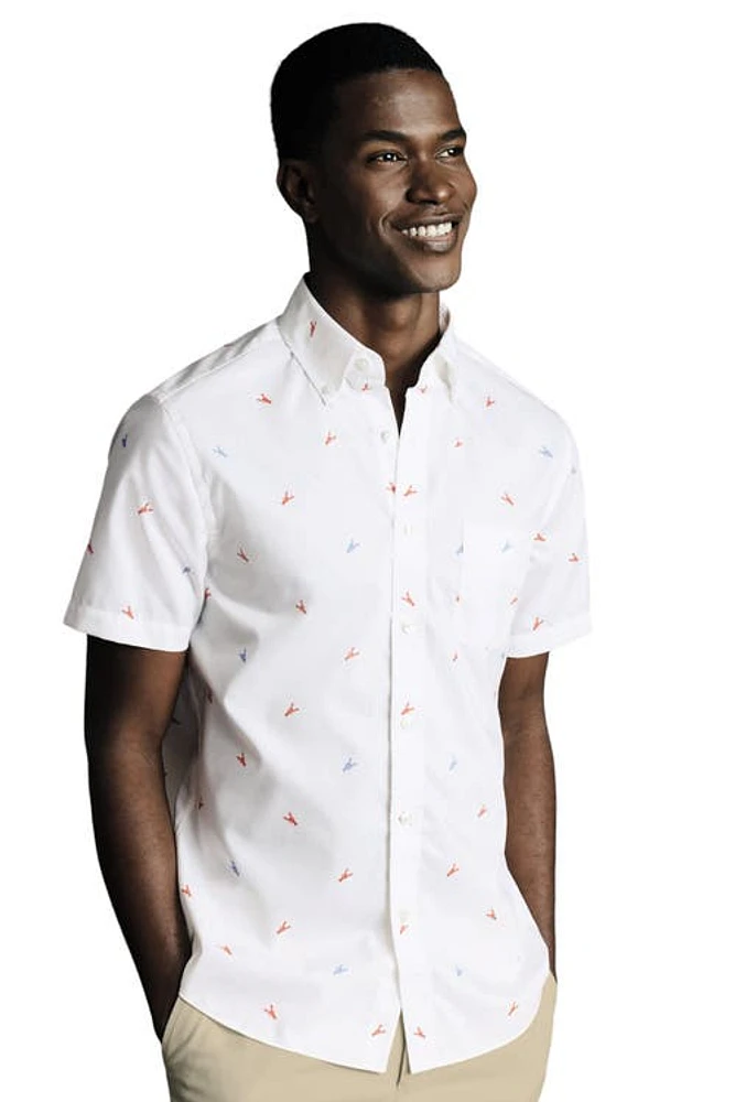 Charles Tyrwhitt Slim Fit Multi Button-Down Collar Non-Iron Lobster Print Short Sleeve Shirt Orange at Nordstrom,