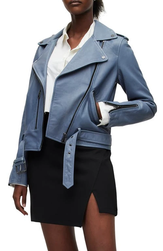 AllSaints Women's Belted Crop Leather Moto Jacket Flint Blue at Nordstrom, Us