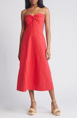 Lost + Wander Elia Strapless Linen & Cotton Midi Dress Red at Nordstrom,