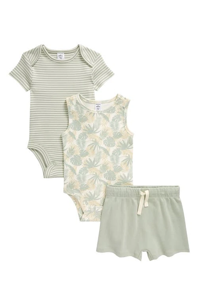 Nordstrom Assorted 3-Piece Cotton Bodysuits & Shorts Set Ivory Egret- Green Palm at Nordstrom,