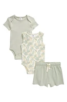 Nordstrom Assorted 3-Piece Cotton Bodysuits & Shorts Set Ivory Egret- Green Palm at Nordstrom,