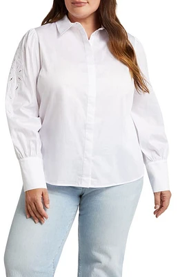 HARSHMAN Devlin Embroidered Sleeve Cotton Button-Up Shirt White at Nordstrom,