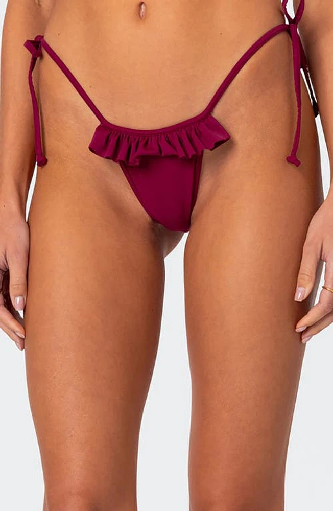 EDIKTED Joelle Ruffle Side Tie Bikini Bottoms Burgundy at Nordstrom,