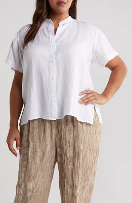 Eileen Fisher Band Collar Short Sleeve Organic Linen Button-Up Shirt White at Nordstrom,