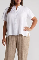 Eileen Fisher Band Collar Short Sleeve Organic Linen Button-Up Shirt White at Nordstrom,