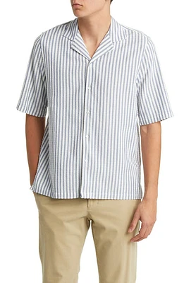 Officine Générale Eren Stripe Short Sleeve Cotton Button-Up Shirt in White/Navy at Nordstrom, Size Large