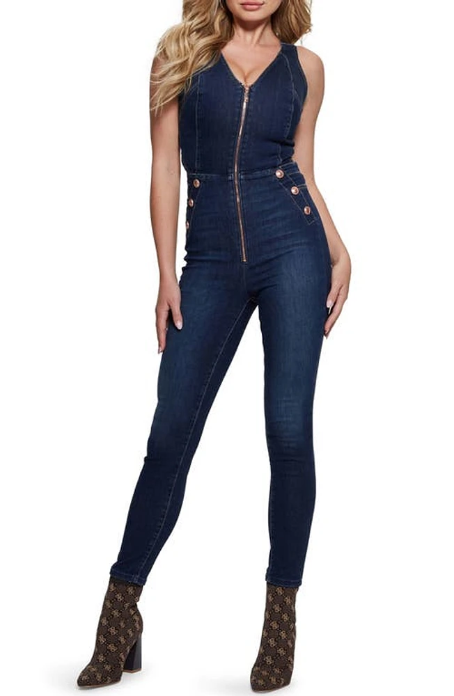 GUESS Reina Back Cutout Sleeveless Denim Jumpsuit Plume Dark at Nordstrom, X 28