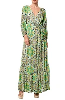 CIEBON Shani Metallic Floral Print Long Sleeve Wrap Dress Green Multi at Nordstrom,